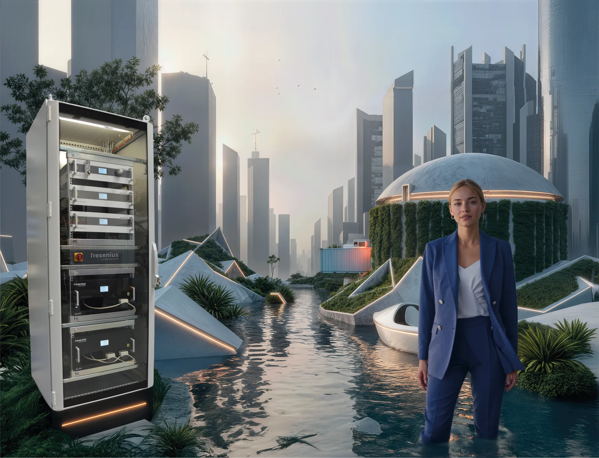 NeoCity – futuristische, begrünte Industriestadt mit Wasser und vernetzten Sensorknoten als visuelle Metapher für Prozessmesstechnik und KI.