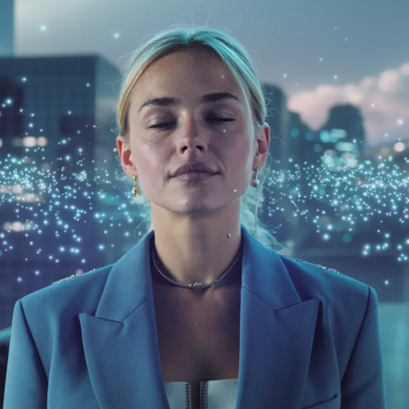 Tory – KI-Avatar von Fresenius Umwelttechnik: Porträt einer ruhig lächelnden Frau auf einer Dachterrasse mit nächtlicher, vernetzter Skyline.